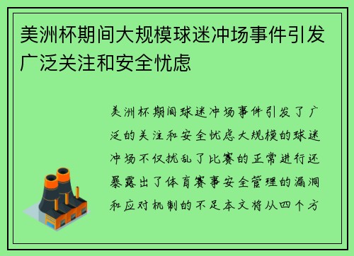 美洲杯期间大规模球迷冲场事件引发广泛关注和安全忧虑